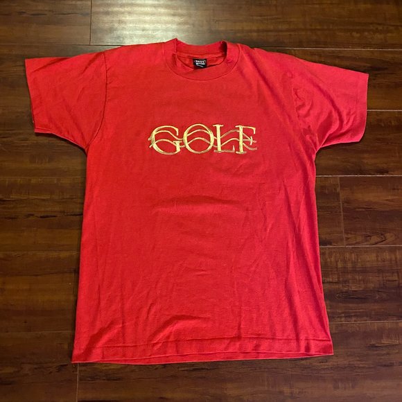 Vintage 80s Golf Golfing Red & Gold Tee Shirt Single Stitch Made in USA sz Large - Picture 1 of 4